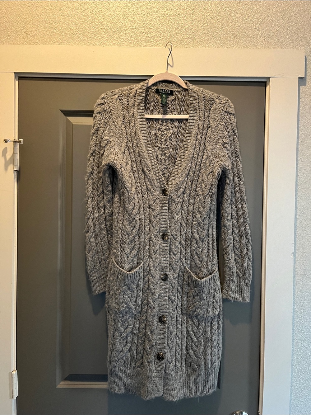 Lauren Ralph Lauren Light Gray Cable Knit Long Cardigan